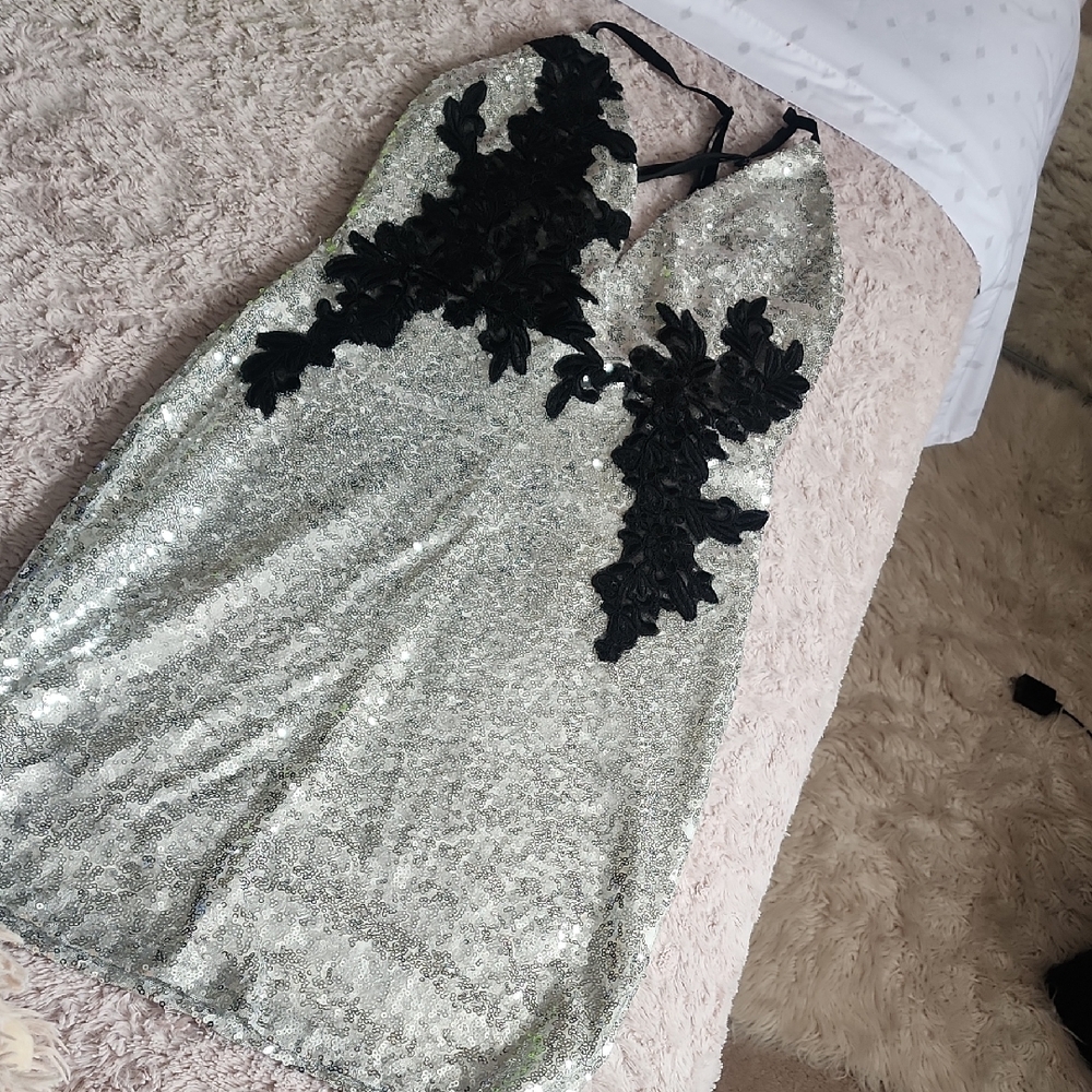 Silver Sequin Dress with Black Floral Accents